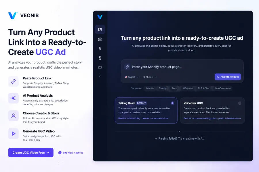Colar o link do produto na caixa de entrada do VEONIB, a IA começa a analisar automaticamente