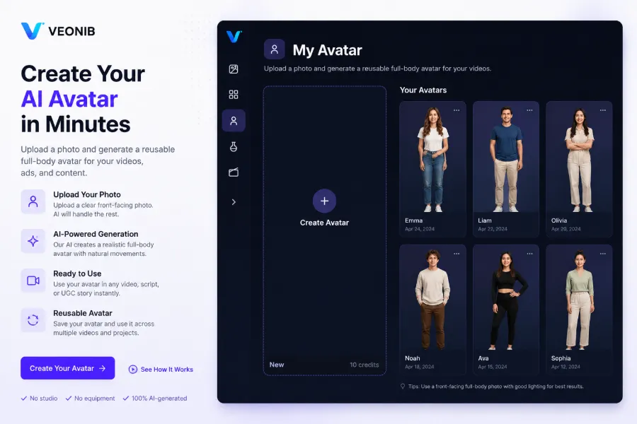 Fazer upload de foto real para criar avatar digital personalizado com IA, usado em vídeos UGC