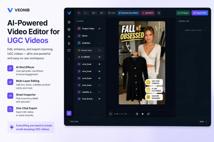 Rozhraní AI video editoru podporující více vrstev, titulky a produktové karty