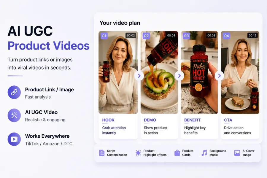 Imagem de vídeo UGC de e‑commerce gerado por IA