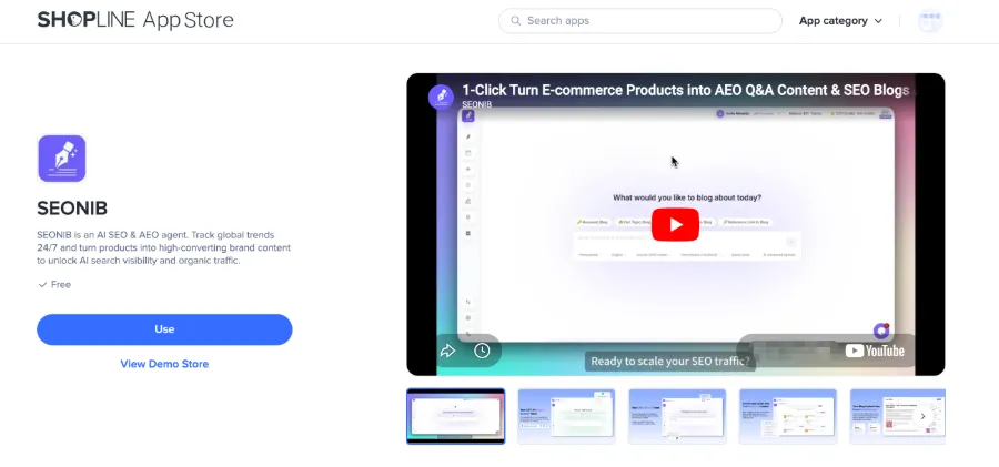 SEONIB successfully listed in Shopline App Store screenshot