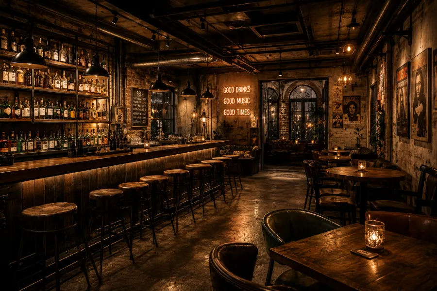 Cozy industrial‑style bar night view