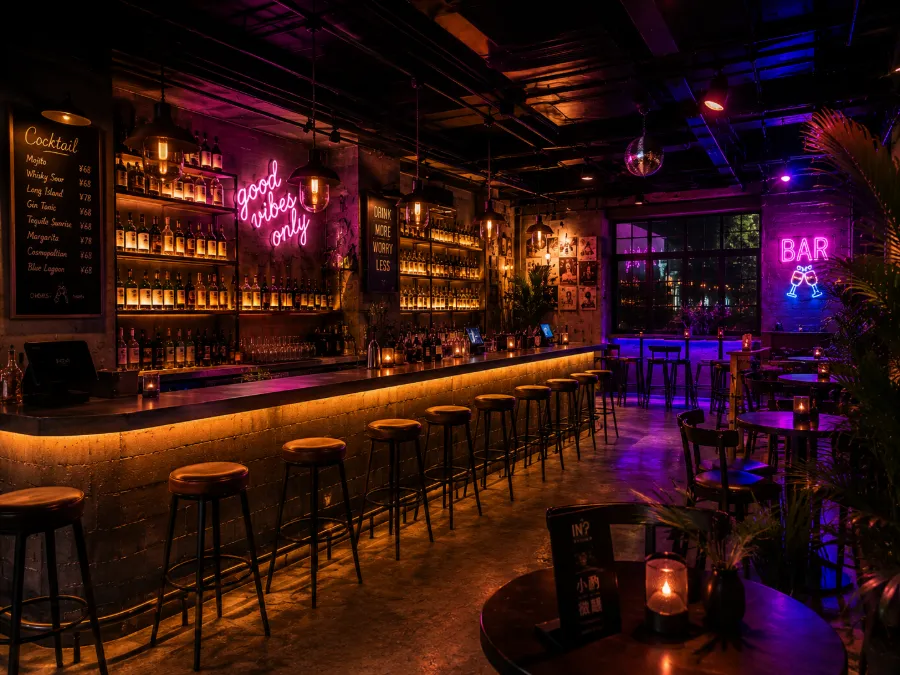 Young trendy small bar atmosphere lighting effect