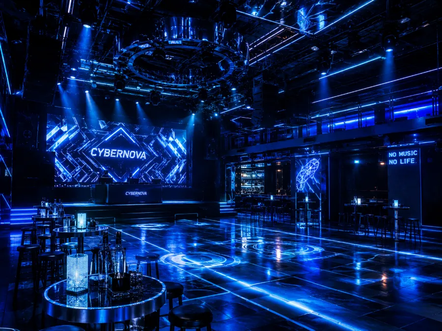 Future nightclub: blue light and neon atmosphere