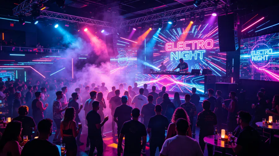 Electronic‑dance‑club‑style KTV with all lights on at opening moment