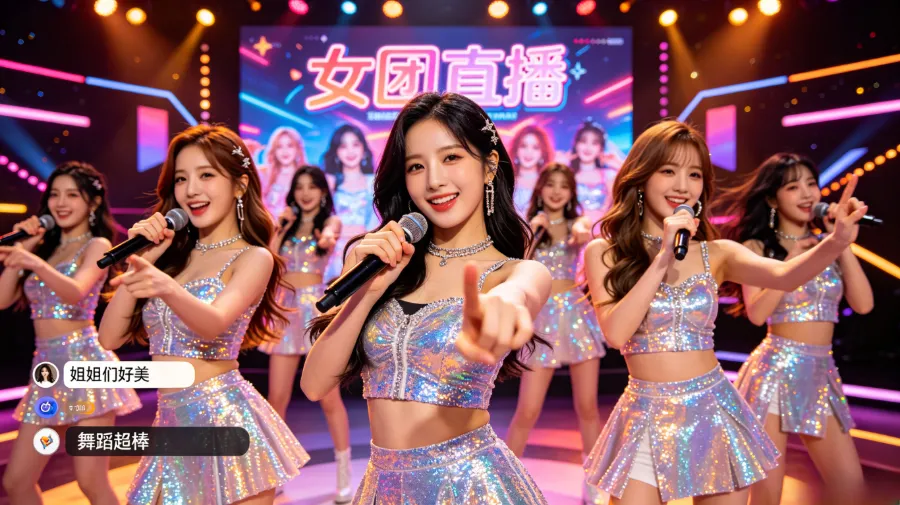 Lighting layout and texture of a girl‑group live‑stream room