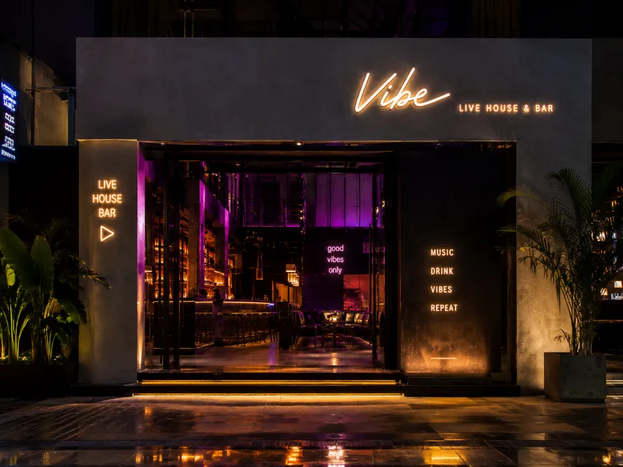 Nighttime urban bar entrance